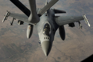 A U.S. Air Force F-16 Fighting Falcon supporting Operation Inherent Resolve receives fuel from a KC-135 Stratotanker, Dec. 16, 2014. (U.S. Air Force photo/ Staff Sgt. Chelsea Browning)