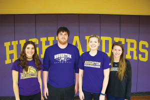 Milestone-acheiving student athletes from left to right: Hattie Burgher '16, Tyler McQuade '15, Maisie Pipher 16' and Jennifer Zacchigna.