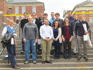 Senior and junior physics majors attended the Rochester Symposium for Physics Students with professors Dr. Mark Yuly, Dr. Tanner Hoffman, and Dr. Kurt Aikens.